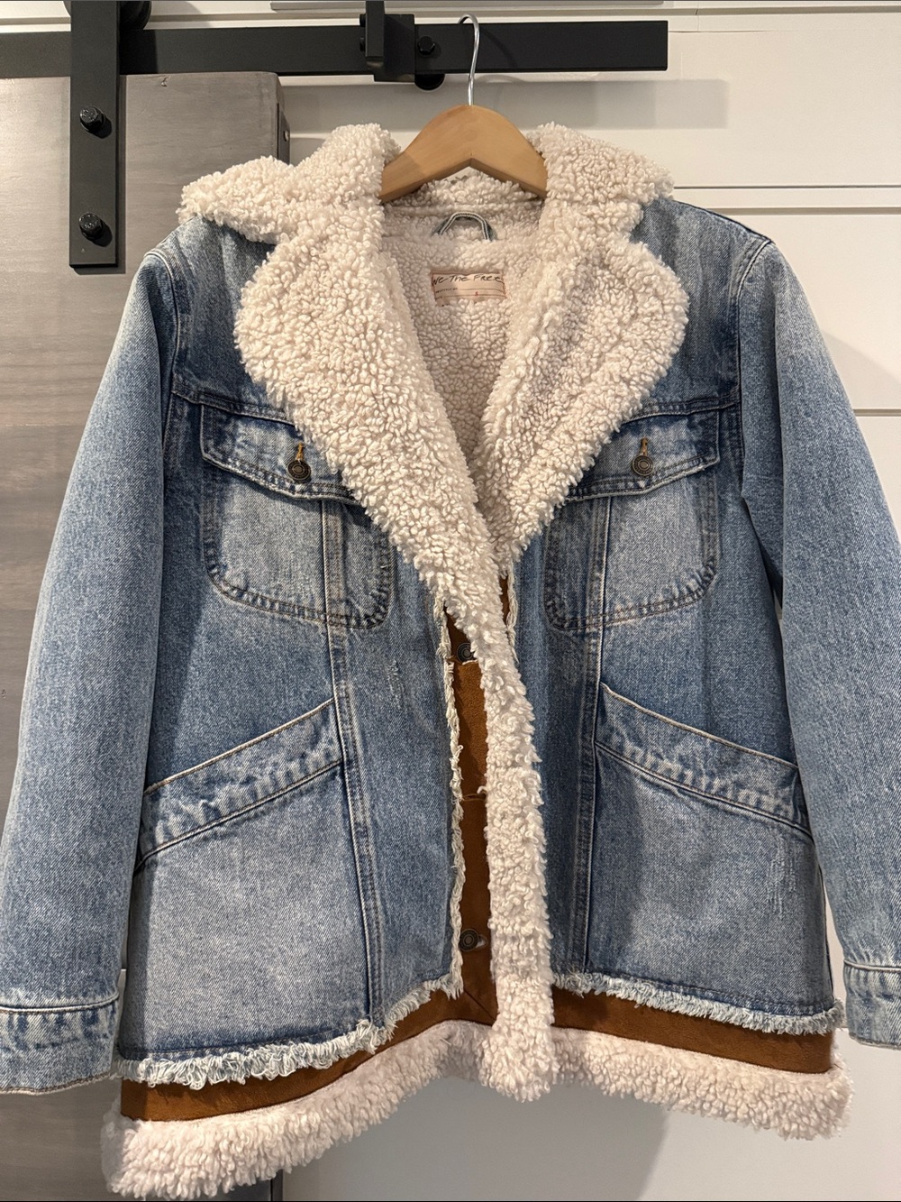 Free people Sherpa-Lined Denim Jacket with Contrast Trim - Cream & Light Blue